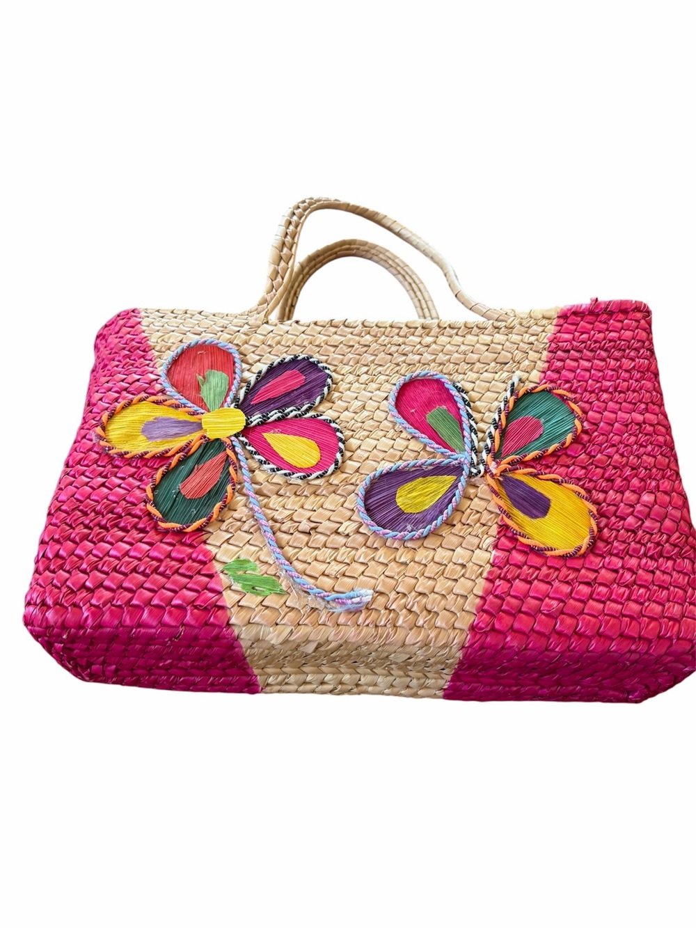 Vintage handwoven 2-tone straw tote with flower & butterfly magenta pink